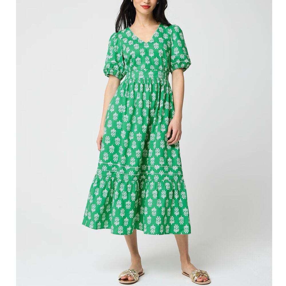 NWT J.Crew Factory Block-Print Puff-Sleeve Midi Dress Emerald Beryl Size 4